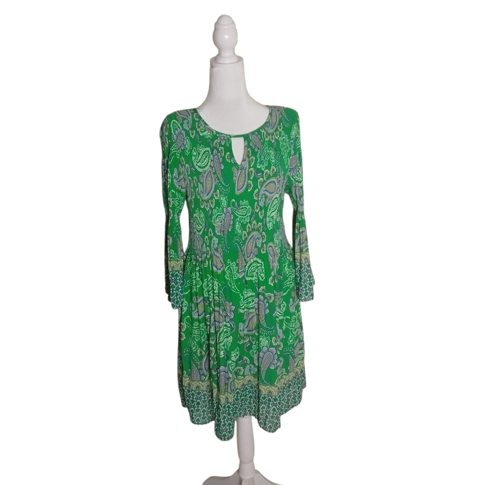 Emma & Michele Women L Colorful Paisley Bell Sleeve Pleated Knee Lenght Dress - Picture 1 of 8